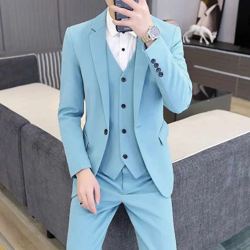 Men's Korean Style Professional Formal Suit Set Three Piece Slim Fit Blazer Full Set Student