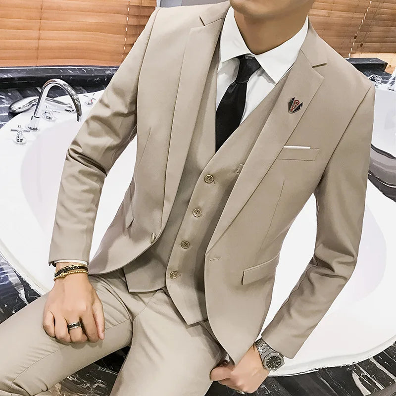 Slim Fit Three Piece Suit Set for Men Korean Style Wedding Groomsmen Formal British Style Vest And Trousers Casual Wear