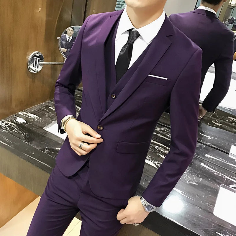 Slim Fit Three Piece Suit Set for Men Korean Style Wedding Groomsmen Formal British Style Vest And Trousers Casual Wear