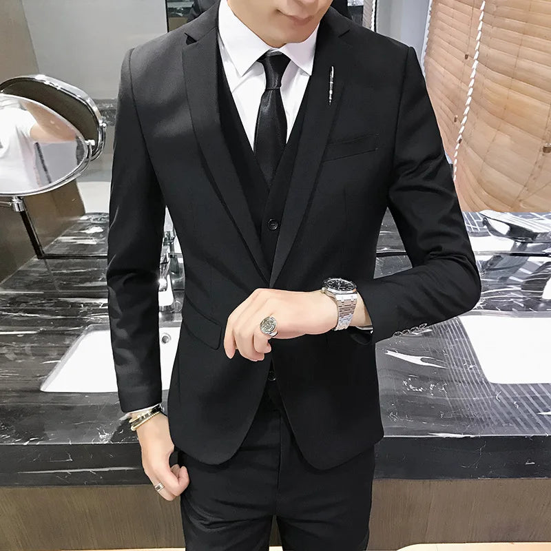 Slim Fit Three Piece Suit Set for Men Korean Style Wedding Groomsmen Formal British Style Vest And Trousers Casual Wear