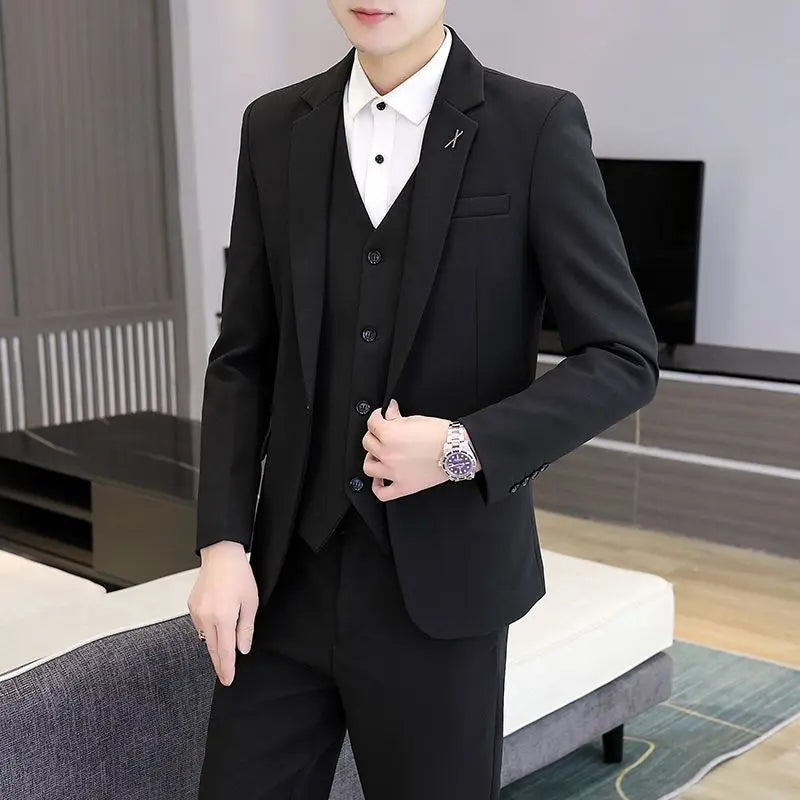 Men's Korean Style Professional Formal Suit Set Three Piece Slim Fit Blazer Full Set Student